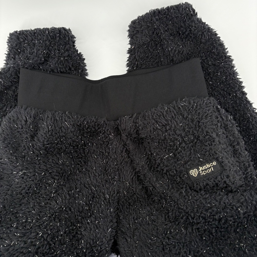 Justice Sport Girls 10 M Black Fuzzy Sherpa Sparkle Jogger‎ Pants